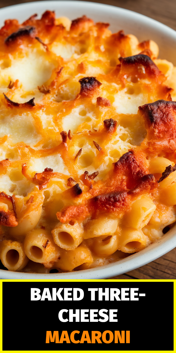 Pinterest Pin for Baked Three-Cheese Macaroni