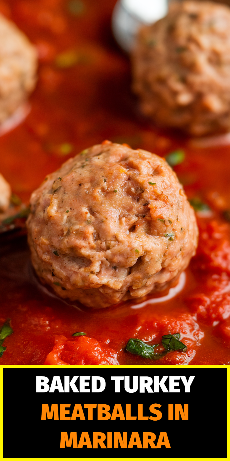Pinterest Pin for Baked Turkey Meatballs in Marinara