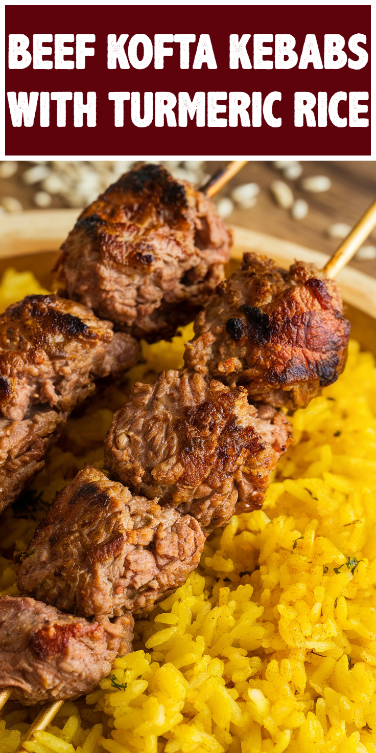 Pinterest Pin for Beef Kofta Kebabs with Turmeric Rice