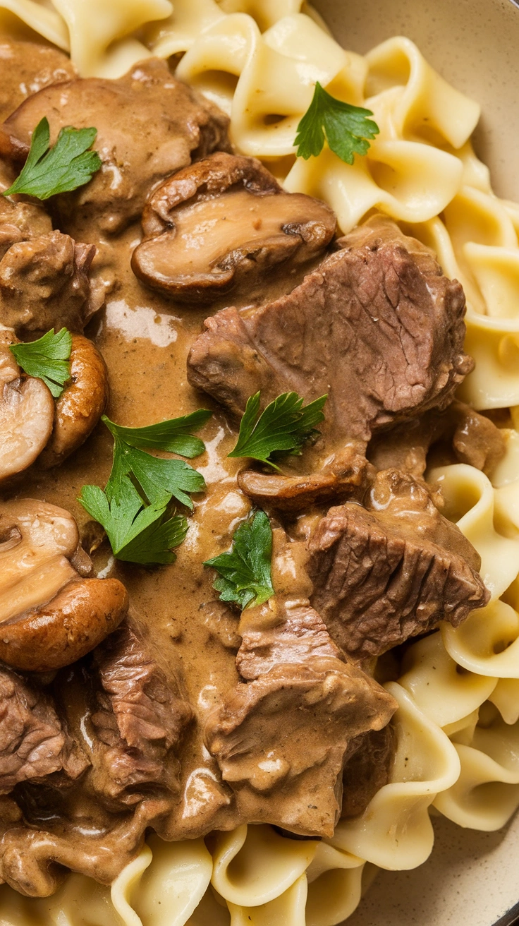 Beef Stroganoff over Egg Noodles