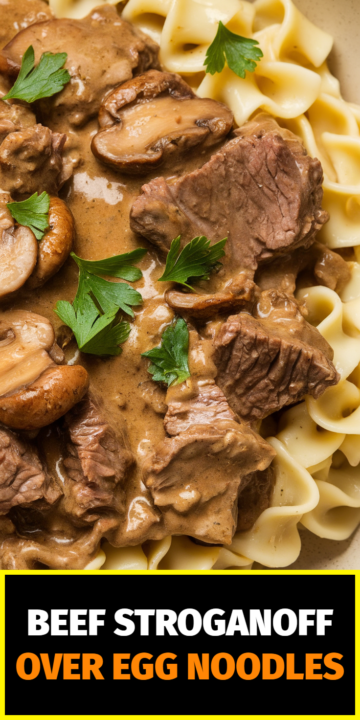 Pinterest Pin for Beef Stroganoff over Egg Noodles