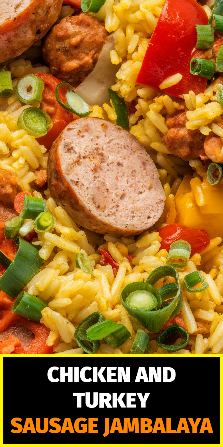 Pinterest Pin for Chicken and Turkey Sausage Jambalaya