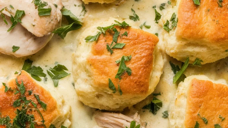 Creamy Chicken and Biscuit Casserole - Featured