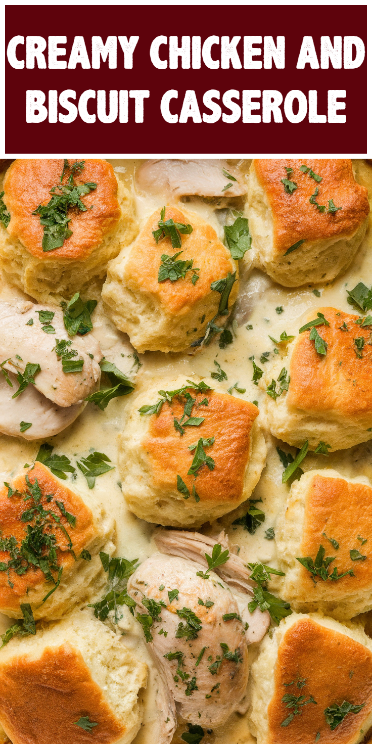 Pinterest Pin for Creamy Chicken and Biscuit Casserole
