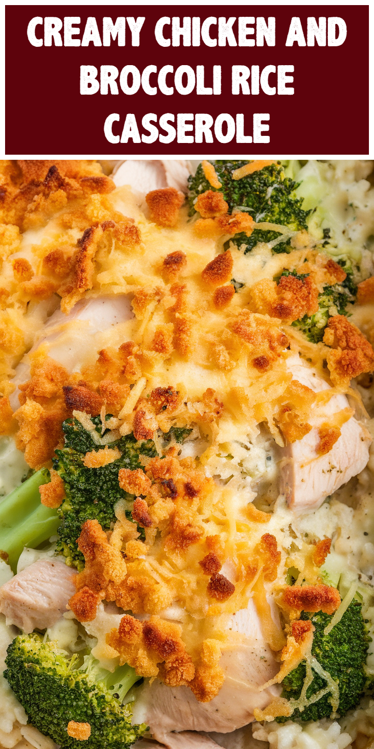 Pinterest Pin for Creamy Chicken and Broccoli Rice Casserole