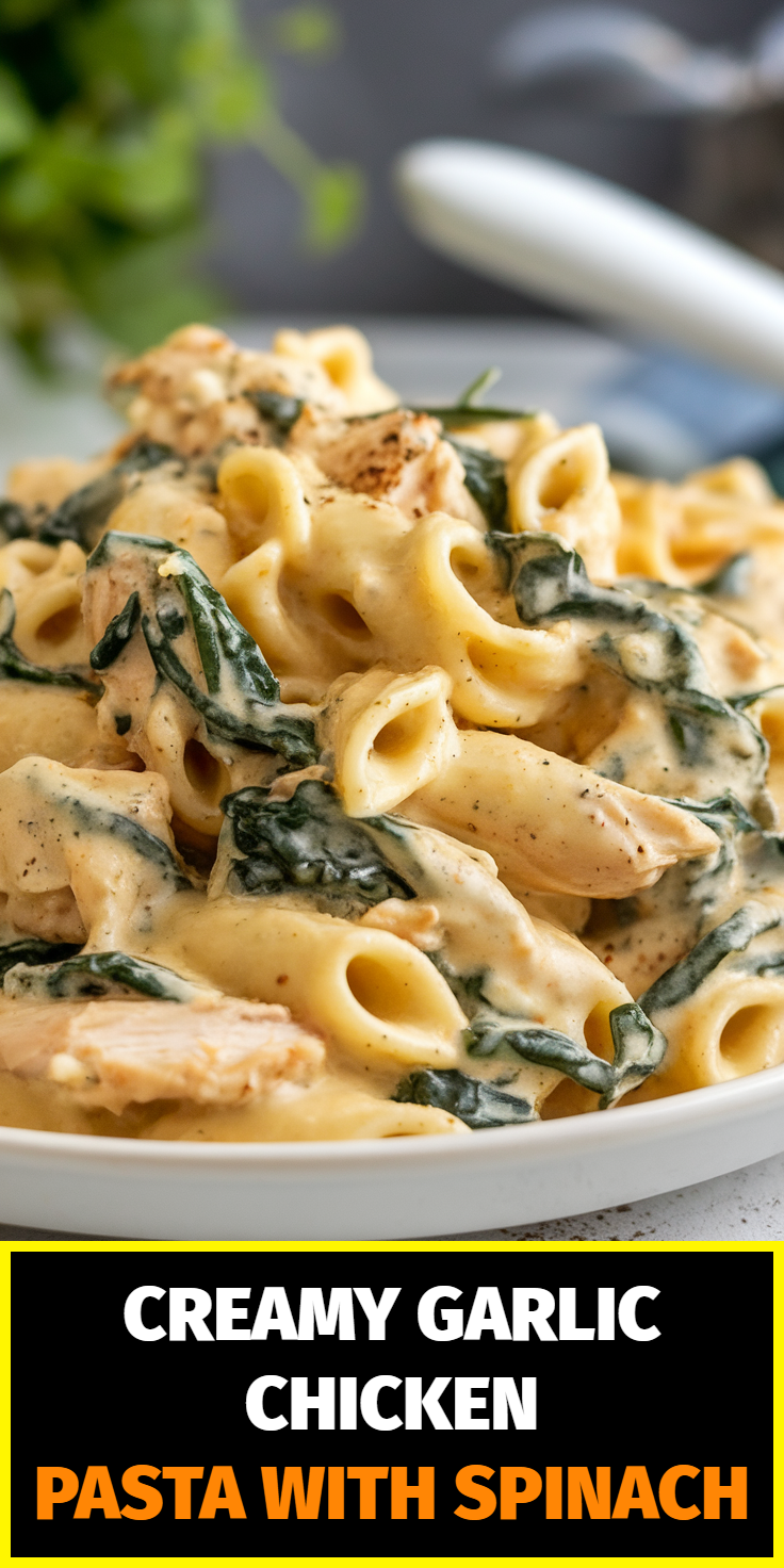 Pinterest Pin for Creamy Garlic Chicken Pasta with Spinach