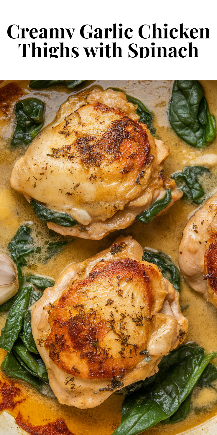 Pinterest Pin for Creamy Garlic Chicken Thighs with Spinach