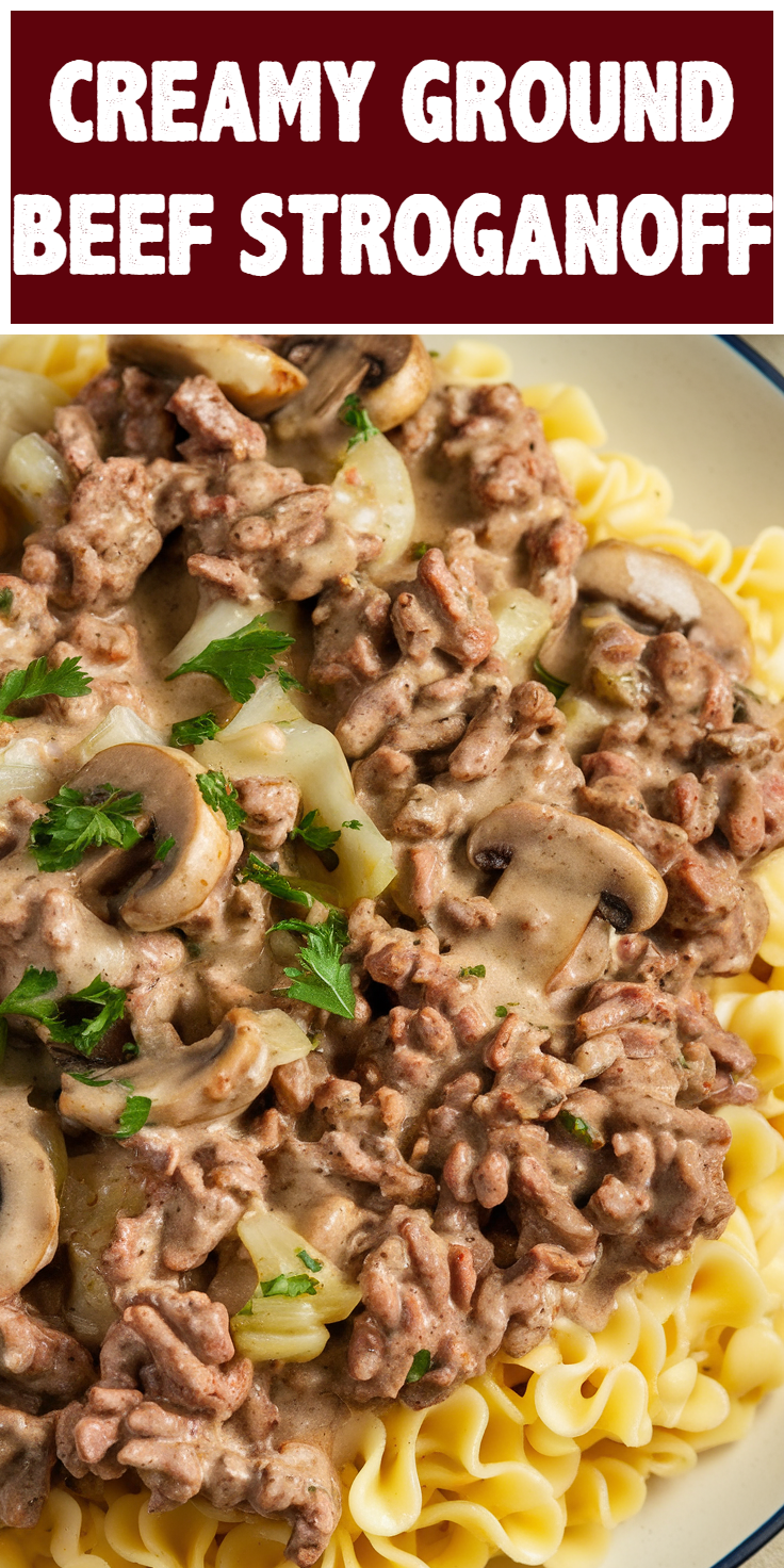 Pinterest Pin for Creamy Ground Beef Stroganoff