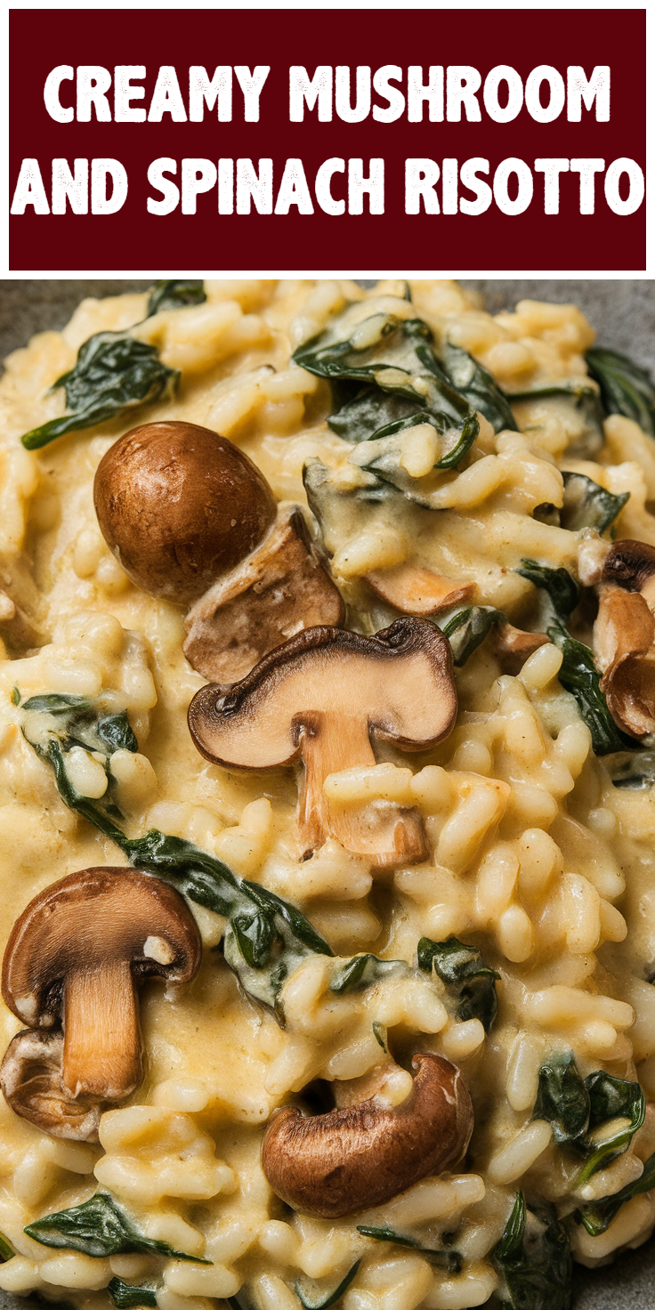 Pinterest Pin for Creamy Mushroom and Spinach Risotto