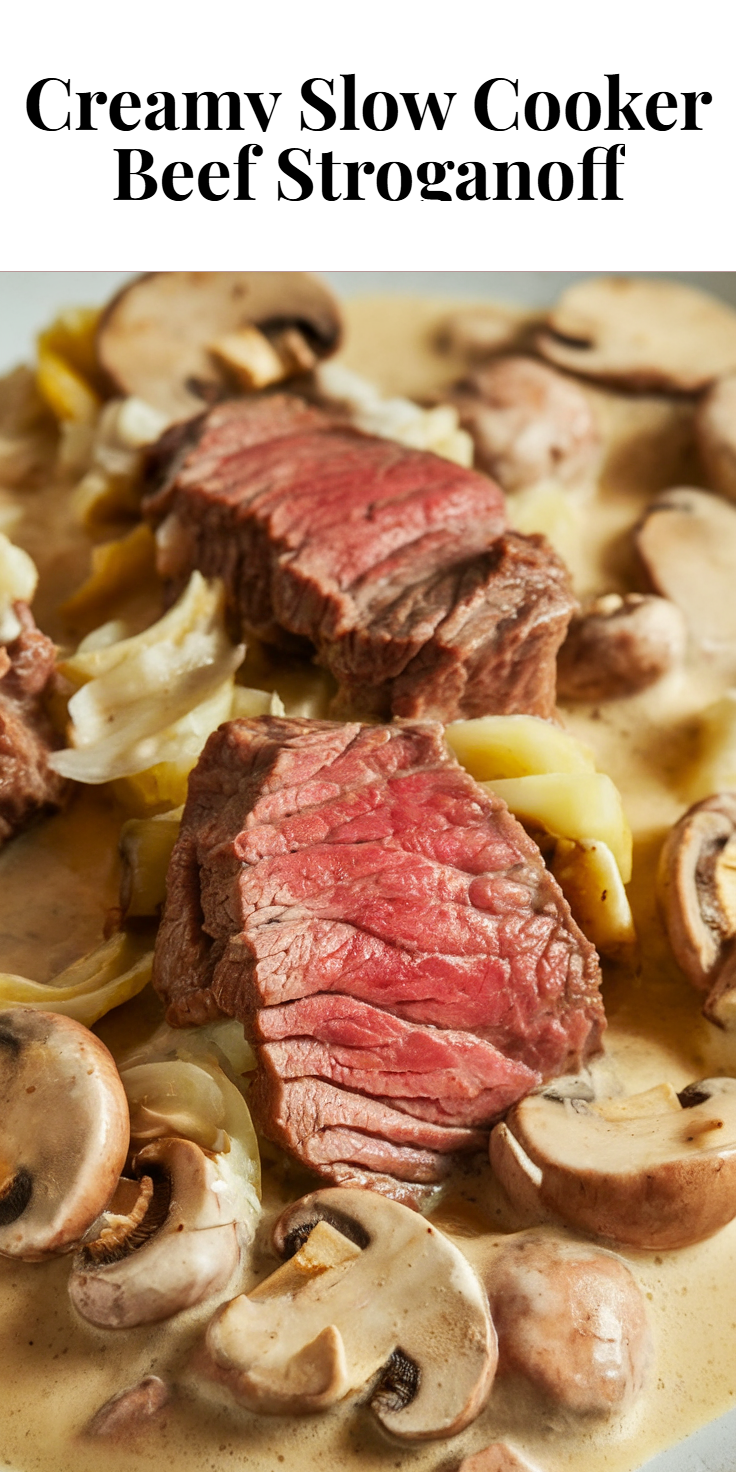 Pinterest Pin for Creamy Slow Cooker Beef Stroganoff