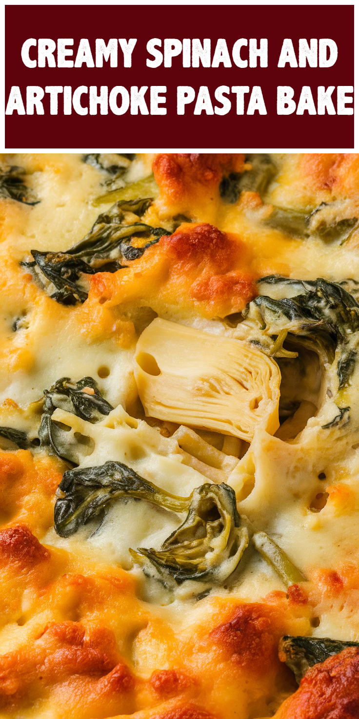 Pinterest Pin for Creamy Spinach and Artichoke Pasta Bake