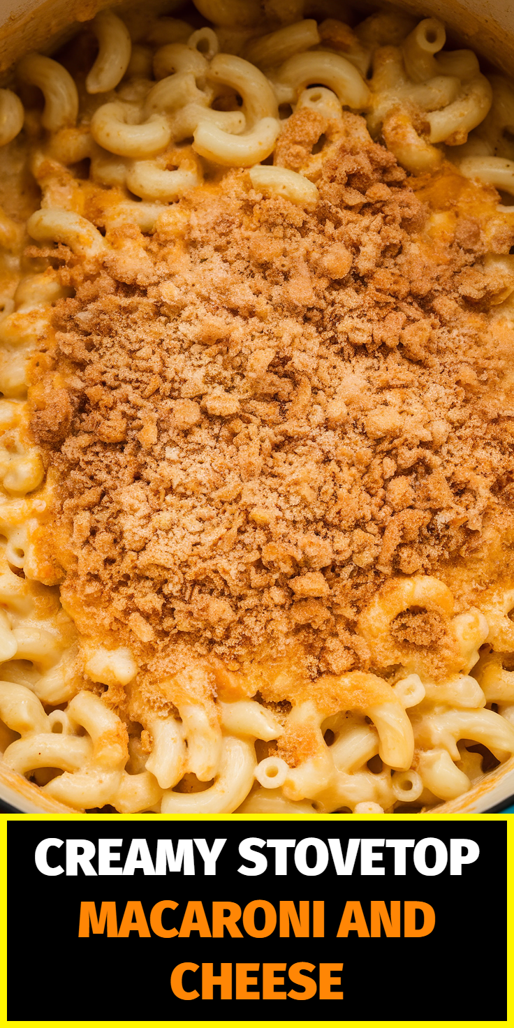 Pinterest Pin for Creamy Stovetop Macaroni and Cheese