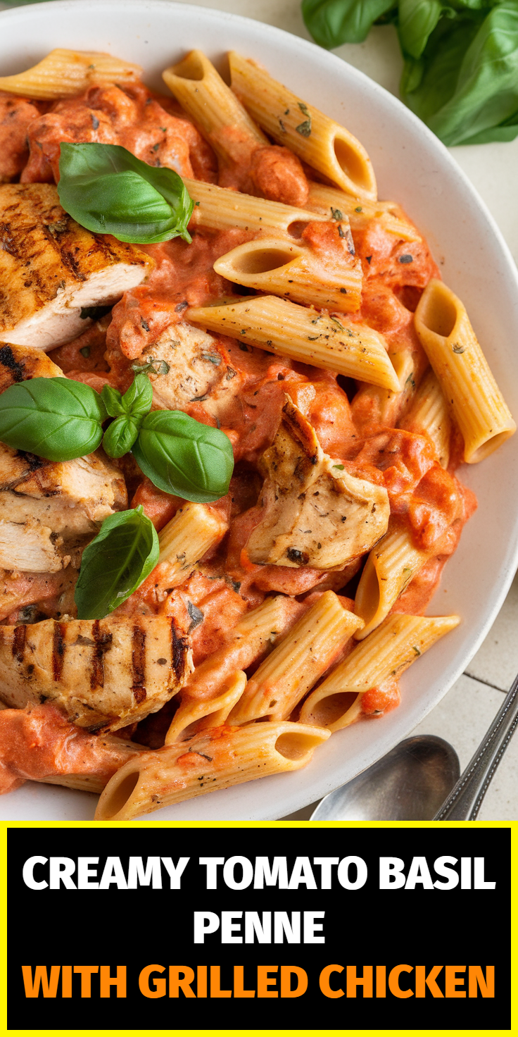 Pinterest Pin for Creamy Tomato Basil Penne with Grilled Chicken