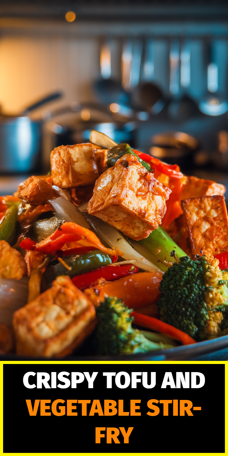 Pinterest Pin for Crispy Tofu and Vegetable Stir-Fry