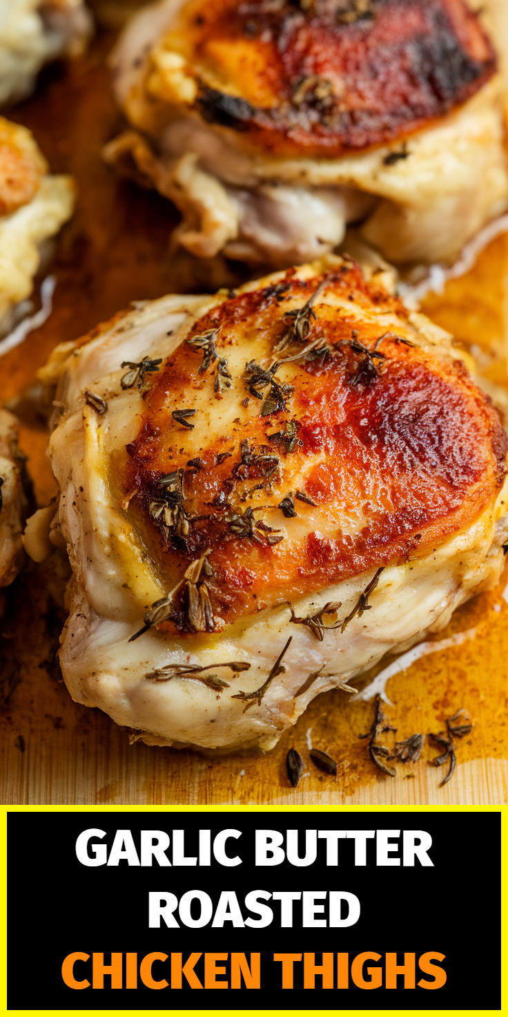 Pinterest Pin for Garlic Butter Roasted Chicken Thighs
