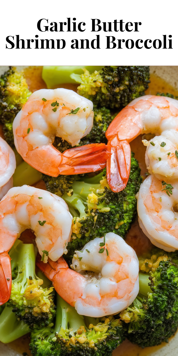 Pinterest Pin for Garlic Butter Shrimp and Broccoli
