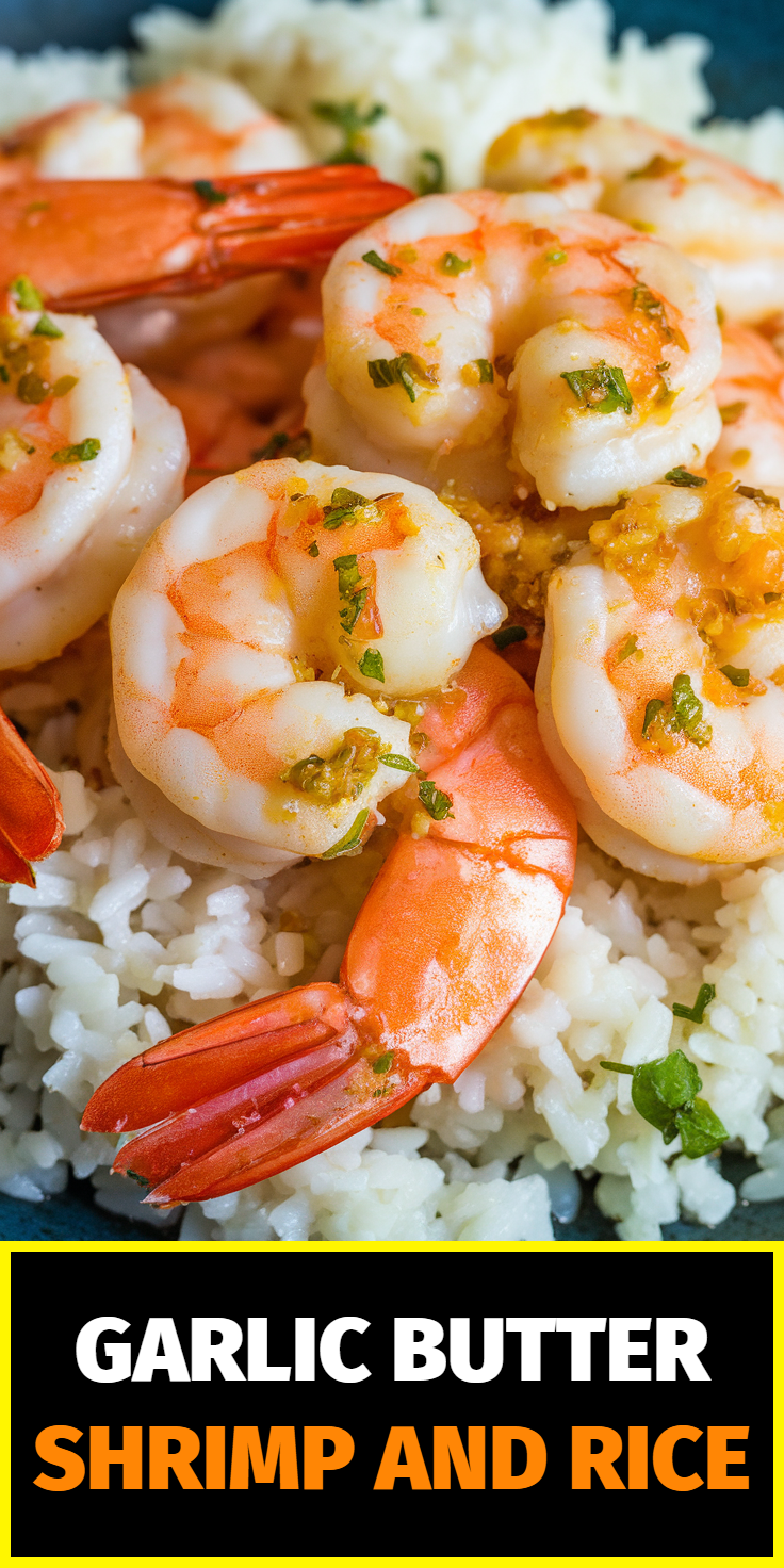Pinterest Pin for Garlic Butter Shrimp and Rice