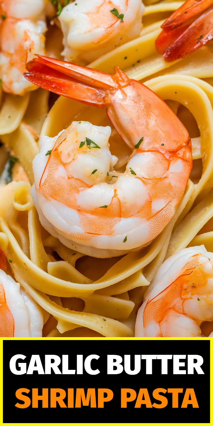 Pinterest Pin for Garlic Butter Shrimp Pasta