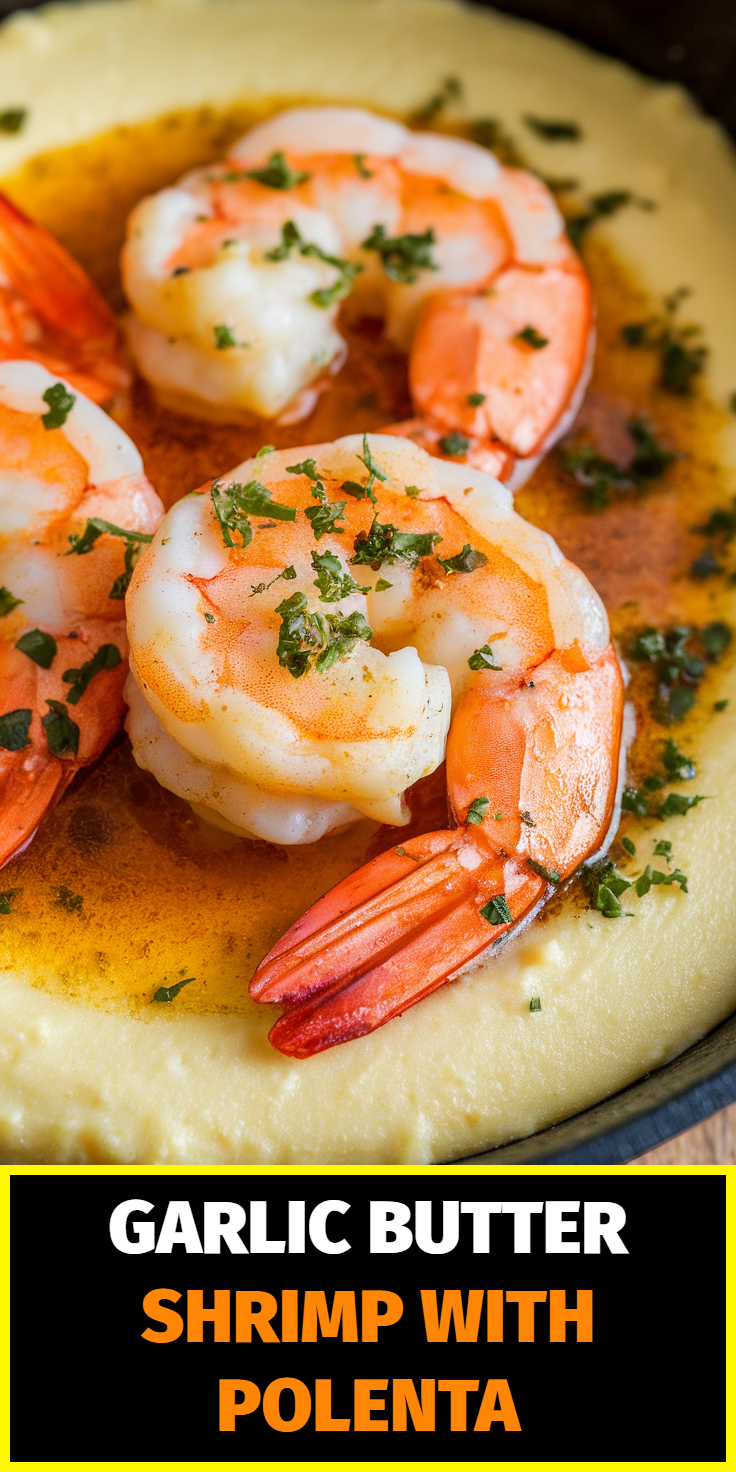 Pinterest Pin for Garlic Butter Shrimp with Polenta