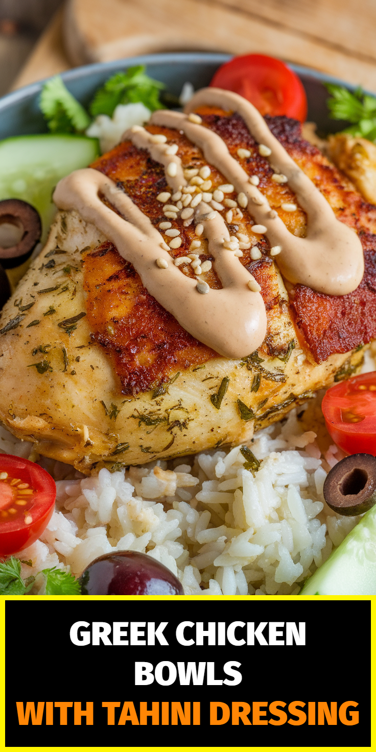 Pinterest Pin for Greek Chicken Bowls with Tahini Dressing