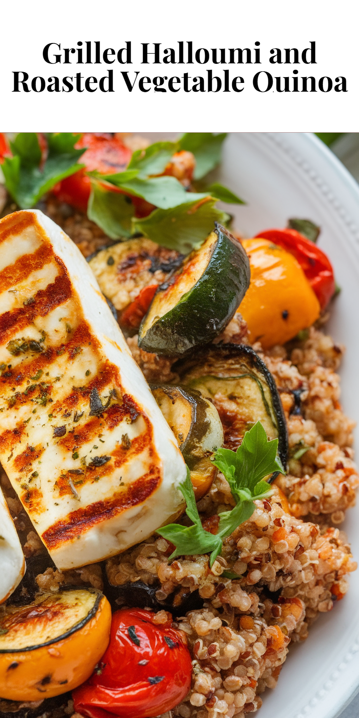 Pinterest Pin for Grilled Halloumi and Roasted Vegetable Quinoa