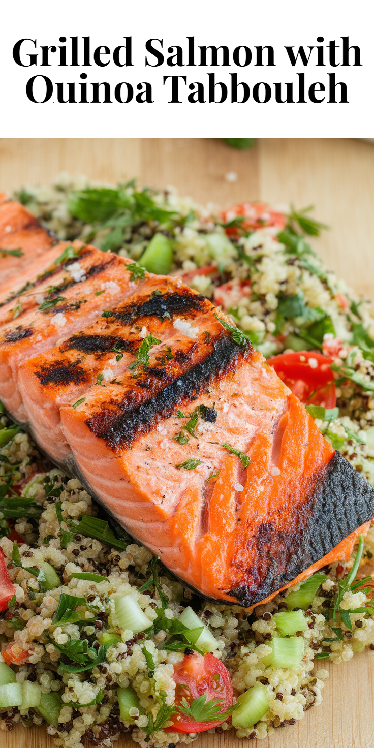 Pinterest Pin for Grilled Salmon with Quinoa Tabbouleh