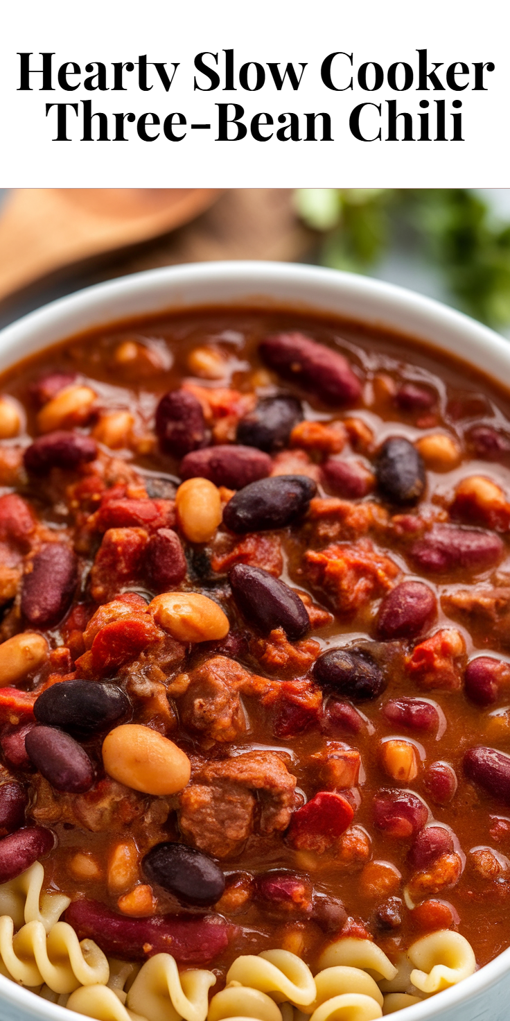 Pinterest Pin for Hearty Slow Cooker Three-Bean Chili