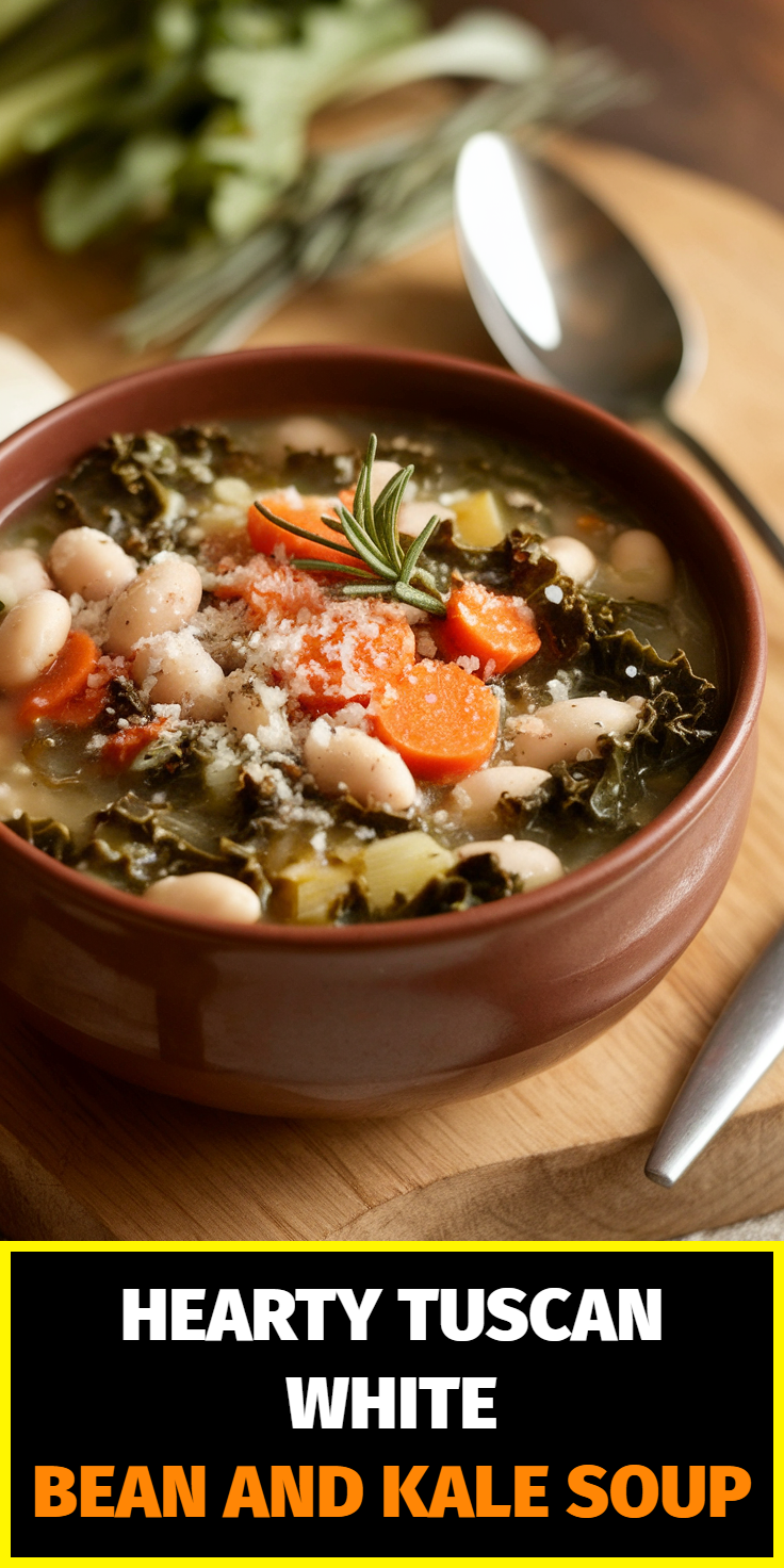Pinterest Pin for Hearty Tuscan White Bean and Kale Soup