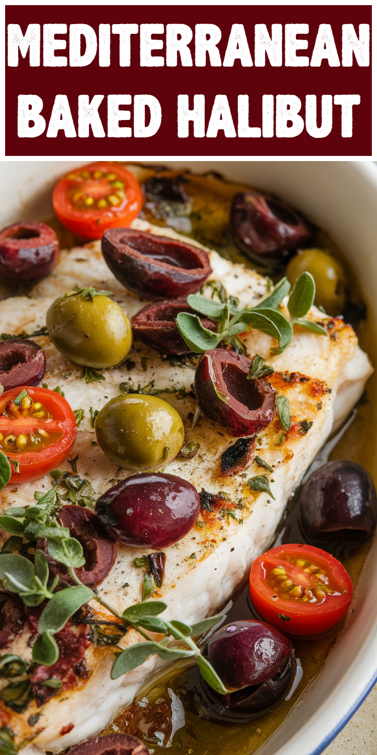 Pinterest Pin for Mediterranean Baked Halibut
