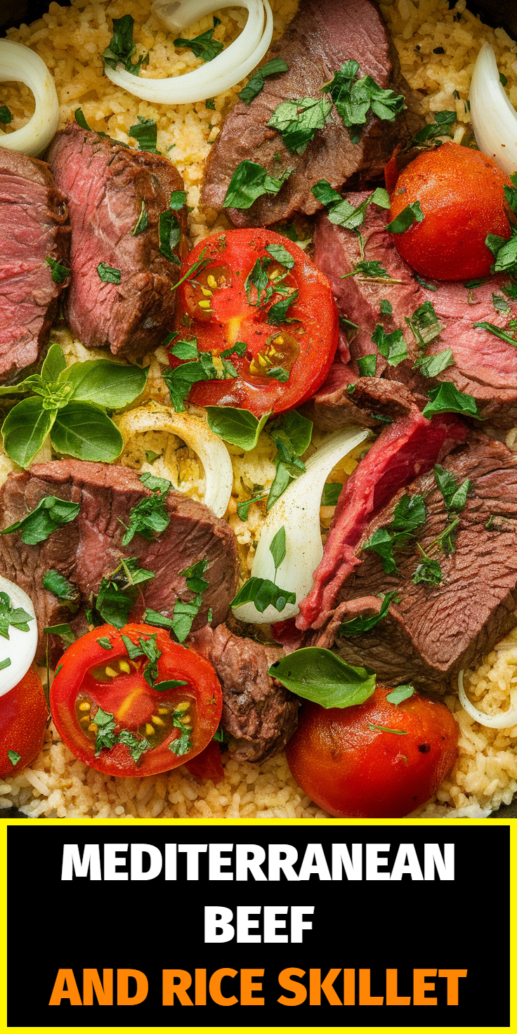 Pinterest Pin for Mediterranean Beef and Rice Skillet