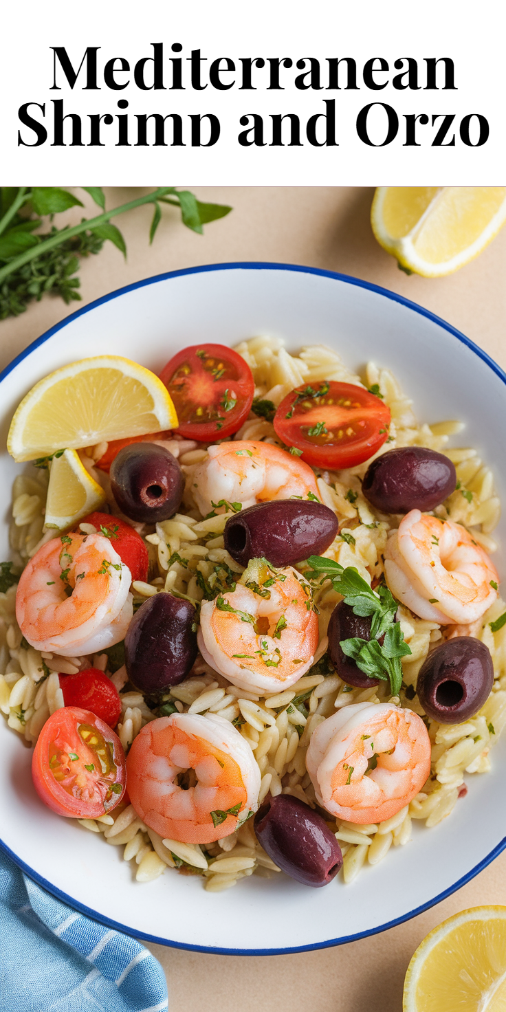 Pinterest Pin for Mediterranean Shrimp and Orzo