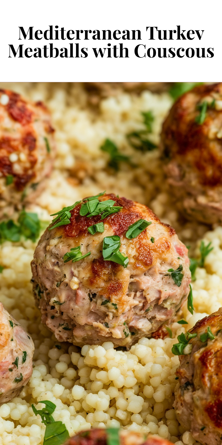 Pinterest Pin for Mediterranean Turkey Meatballs with Couscous