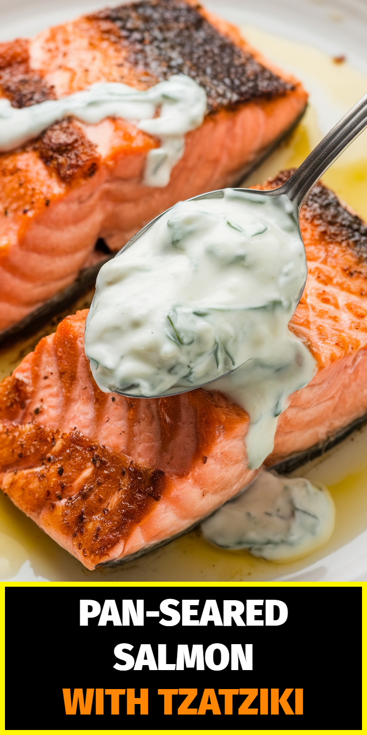 Pinterest Pin for Pan-Seared Salmon with Tzatziki