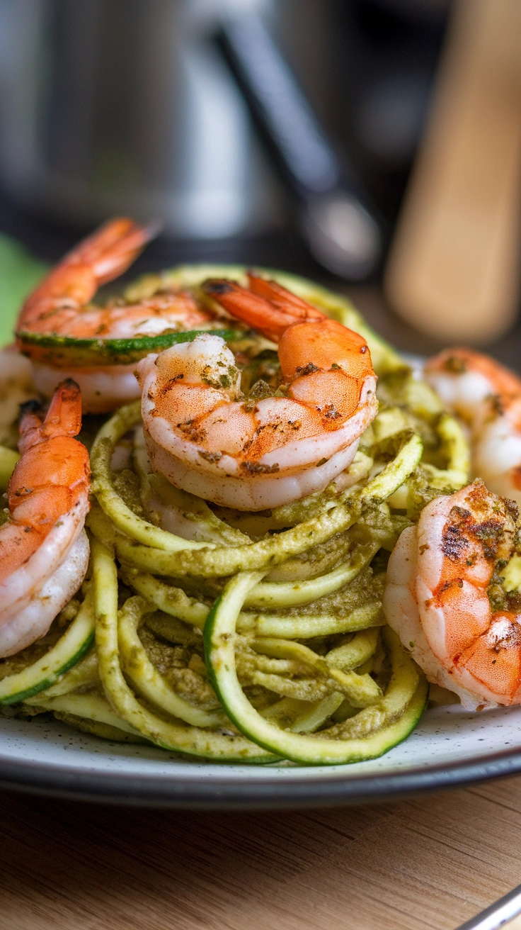 Pesto Zucchini Noodles with Grilled Shrimp
