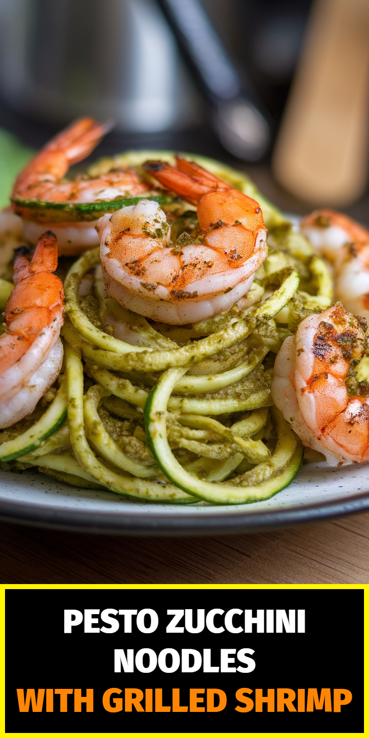 Pinterest Pin for Pesto Zucchini Noodles with Grilled Shrimp