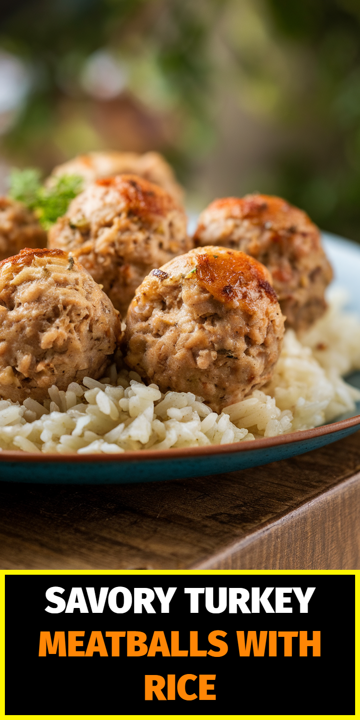 Pinterest Pin for Savory Turkey Meatballs with Rice