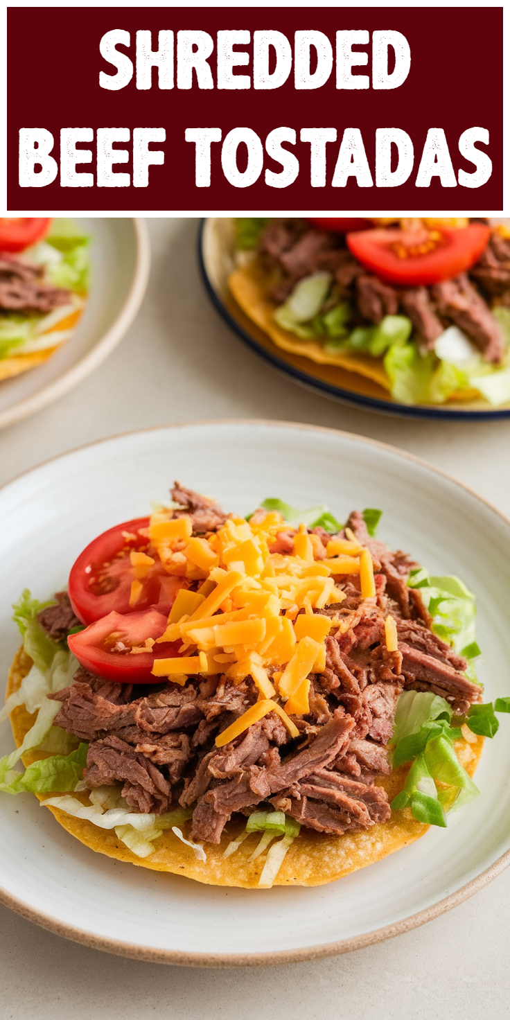 Pinterest Pin for Shredded Beef Tostadas