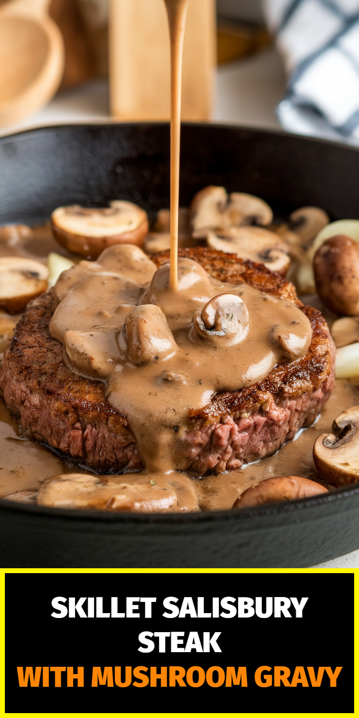 Pinterest Pin for Skillet Salisbury Steak with Mushroom Gravy