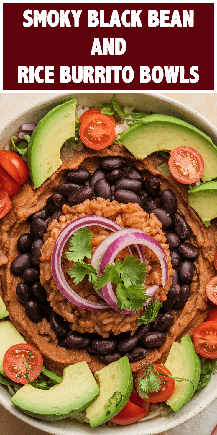 Pinterest Pin for Smoky Black Bean and Rice Burrito Bowls