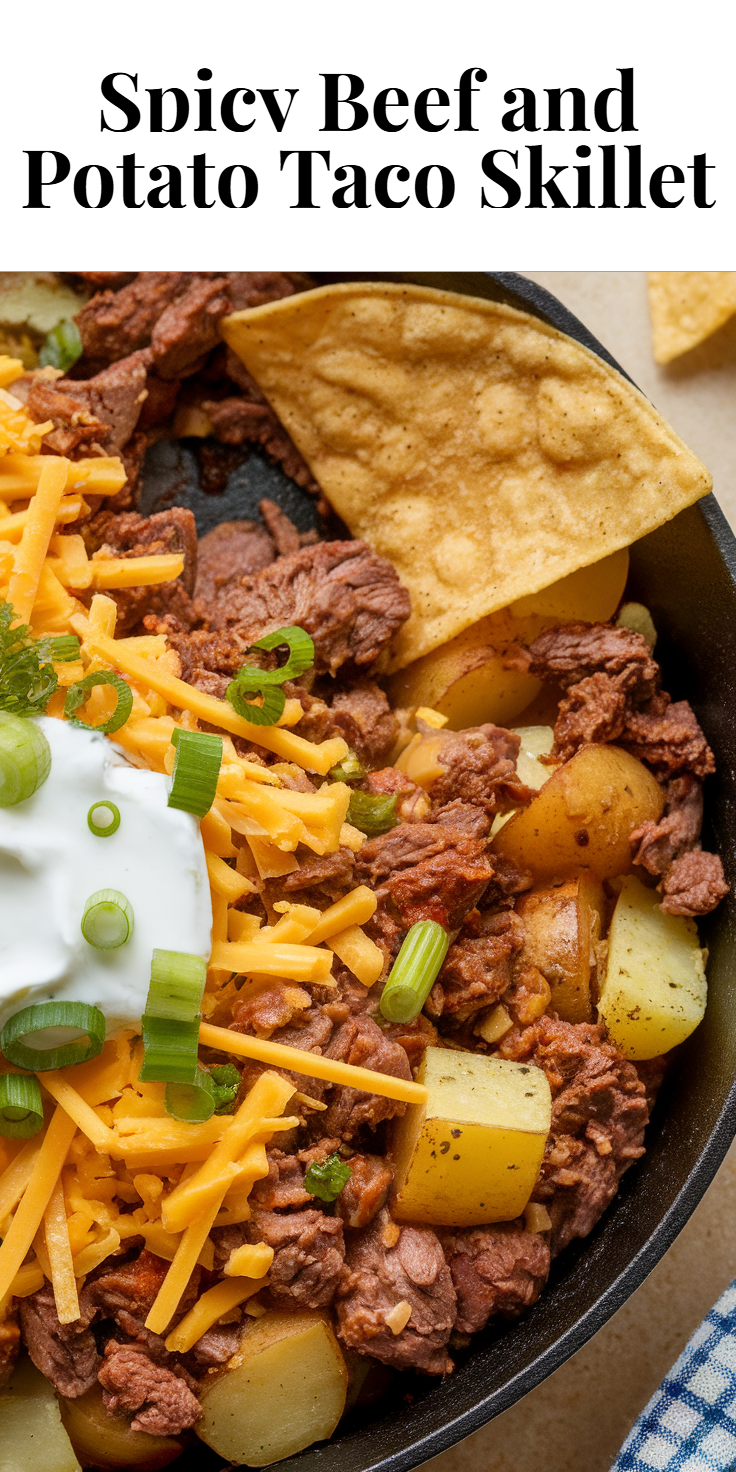 Pinterest Pin for Spicy Beef and Potato Taco Skillet
