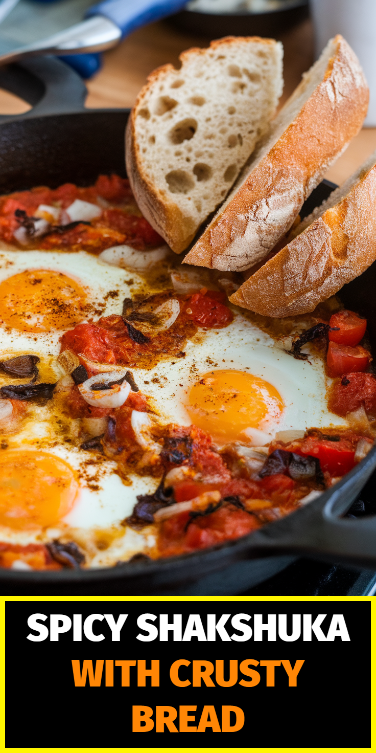 Pinterest Pin for Spicy Shakshuka with Crusty Bread