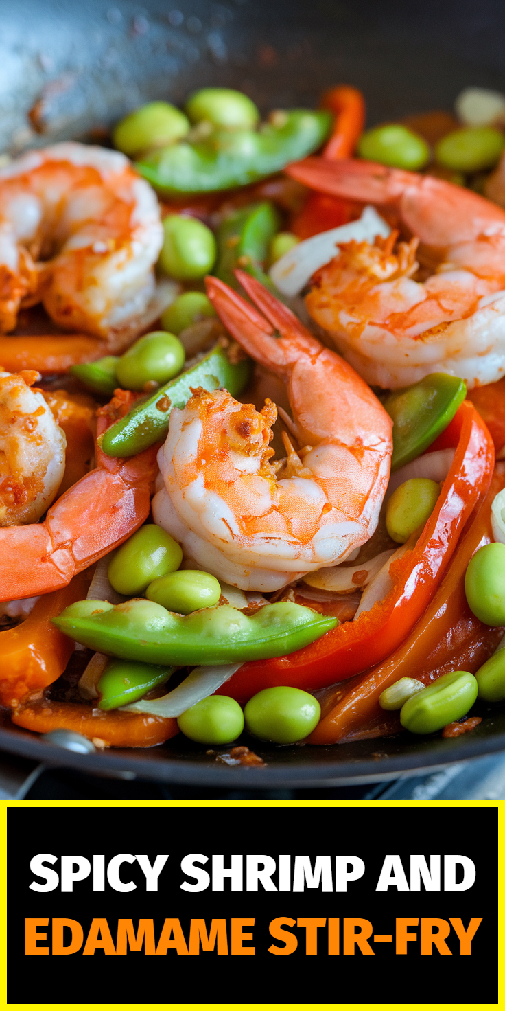 Pinterest Pin for Spicy Shrimp and Edamame Stir-Fry