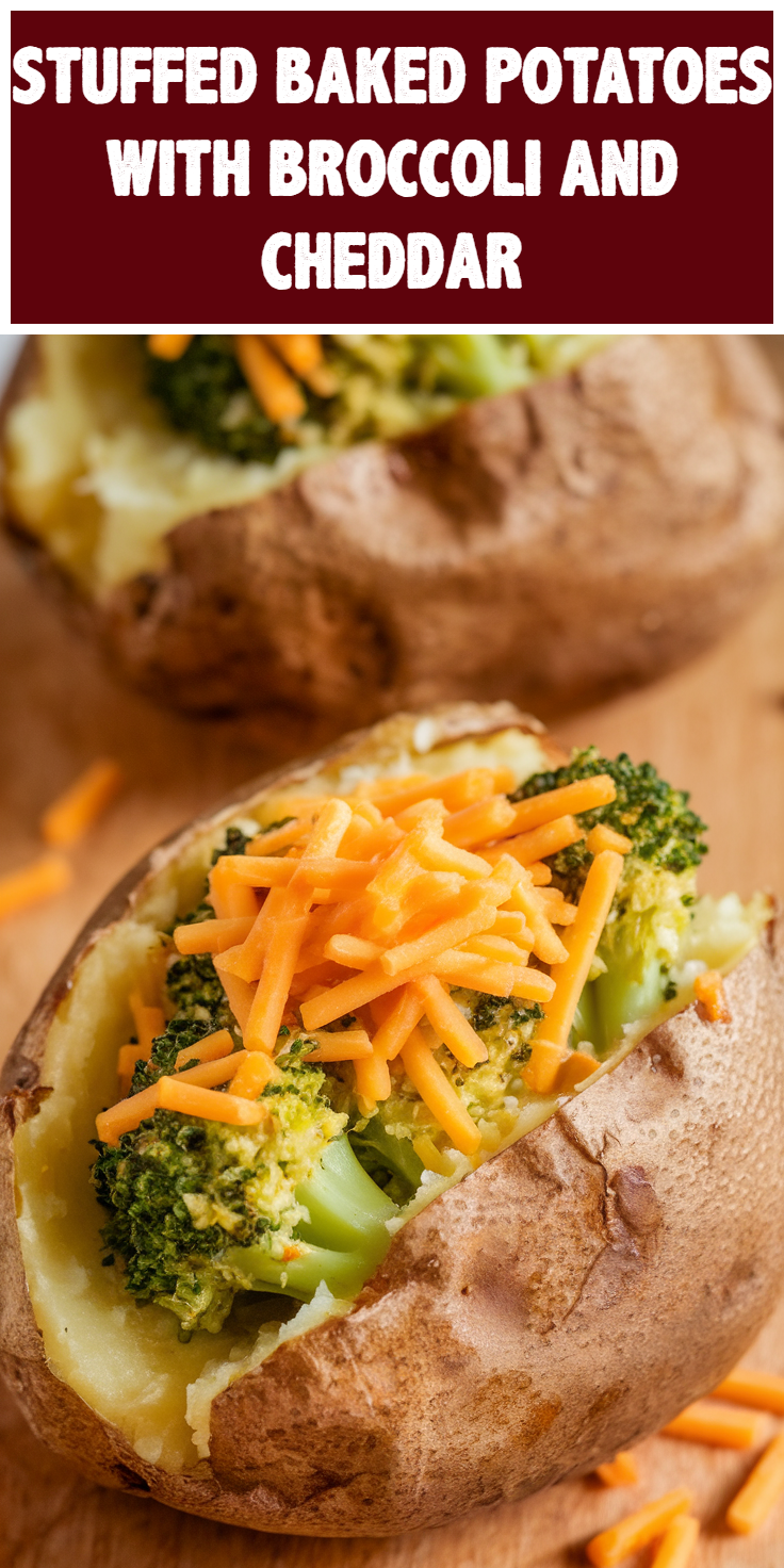 Pinterest Pin for Stuffed Baked Potatoes with Broccoli and Cheddar