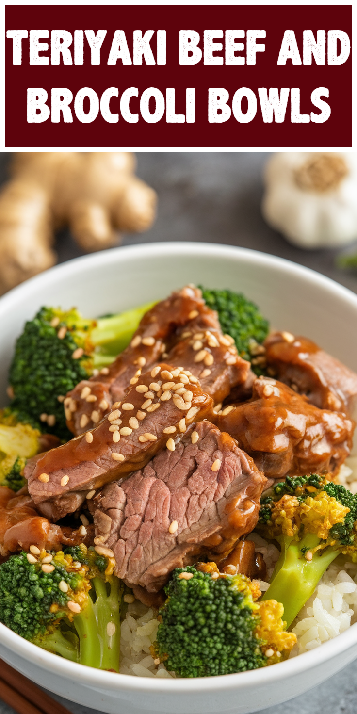 Pinterest Pin for Teriyaki Beef and Broccoli Bowls