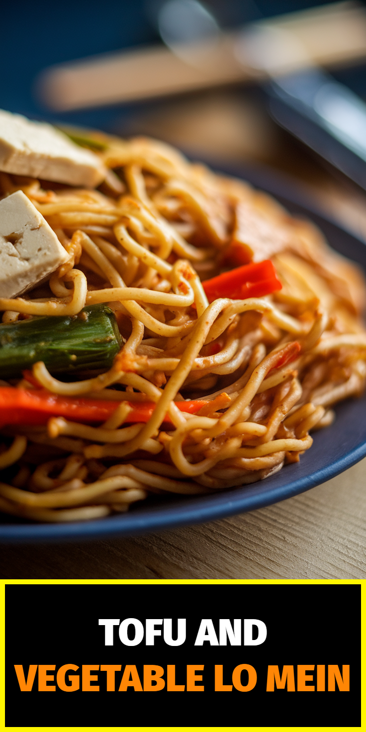Pinterest Pin for Tofu and Vegetable Lo Mein