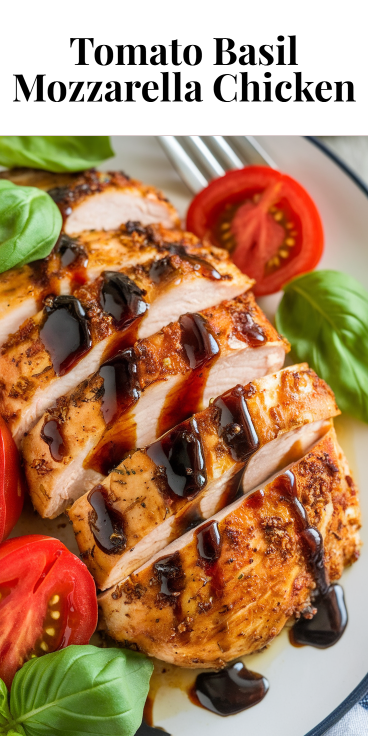 Pinterest Pin for Tomato Basil Mozzarella Chicken